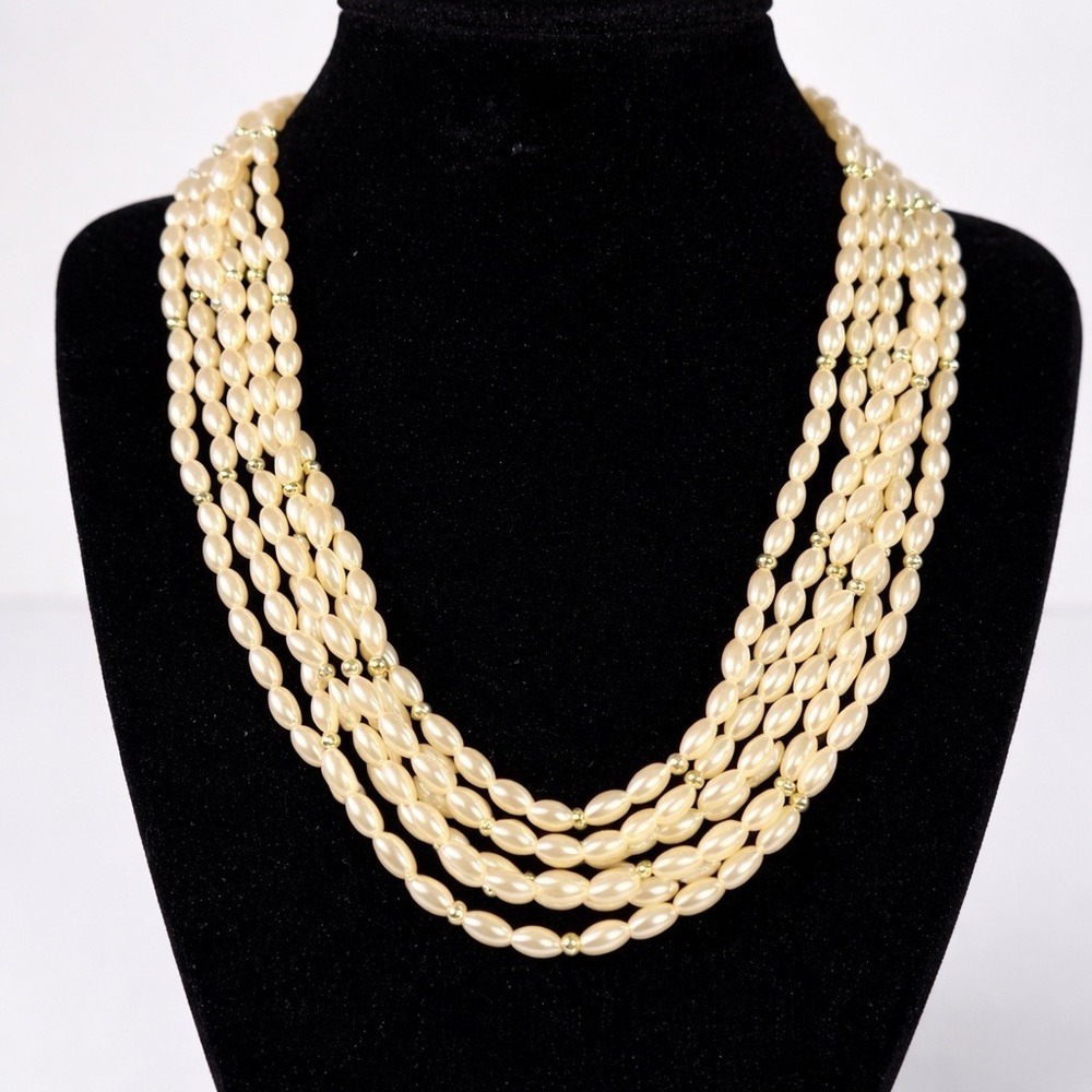 VTG 6 Strand Faux Pearl Necklace Cream Oval Beads Gold Tone Spacers Elegant 17"